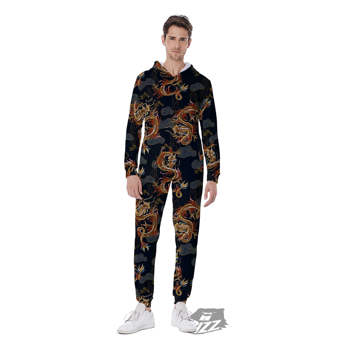 Gold Dragon Japanese Print Pattern Men's Jumpsuit-grizzshop