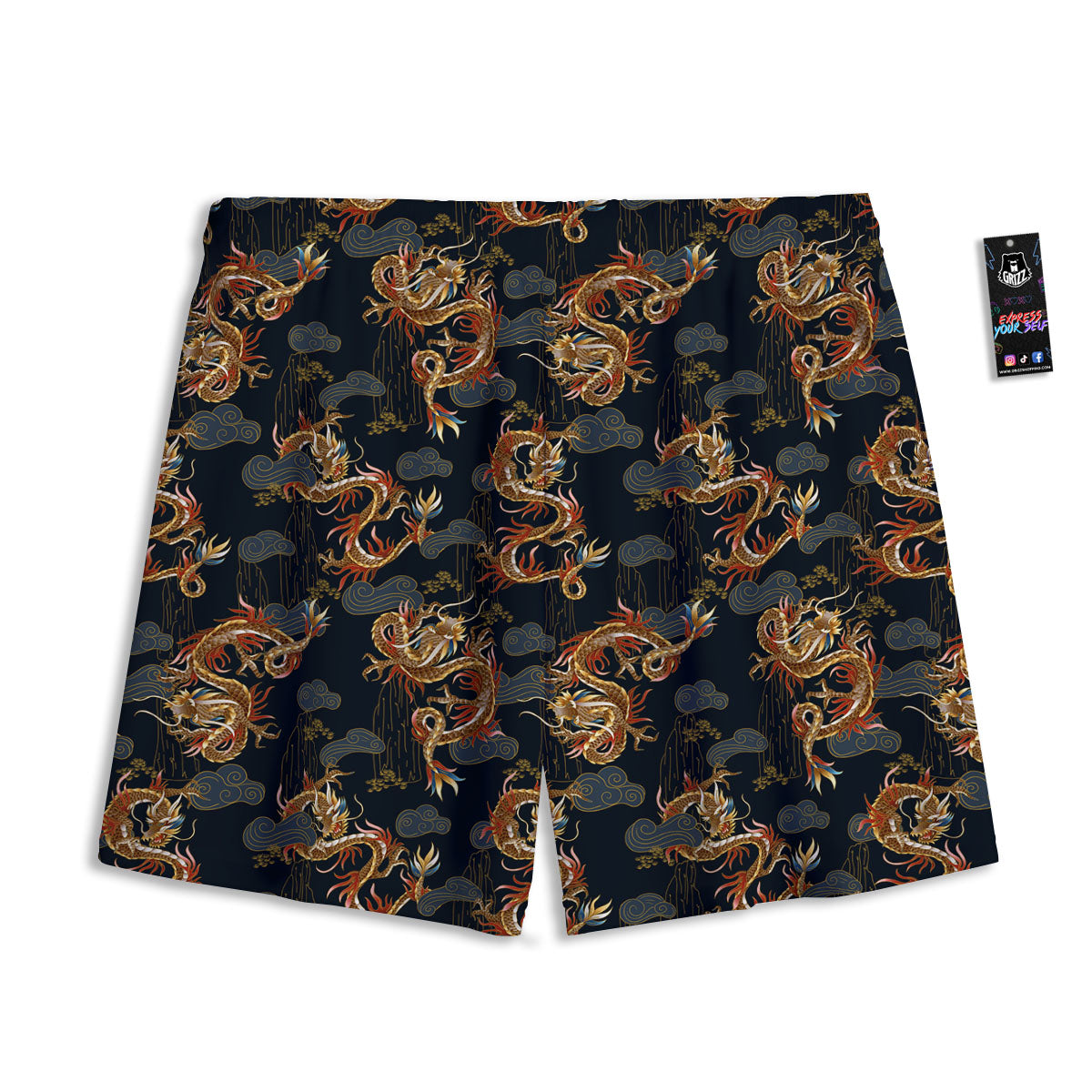 Gold Dragon Japanese Print Pattern Mesh Shorts