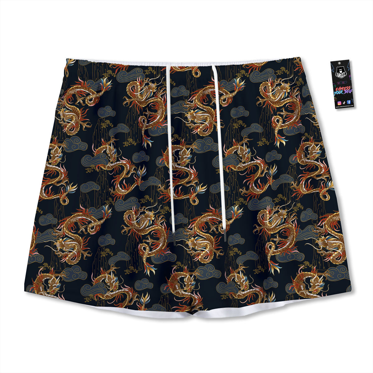Gold Dragon Japanese Print Pattern Mesh Shorts