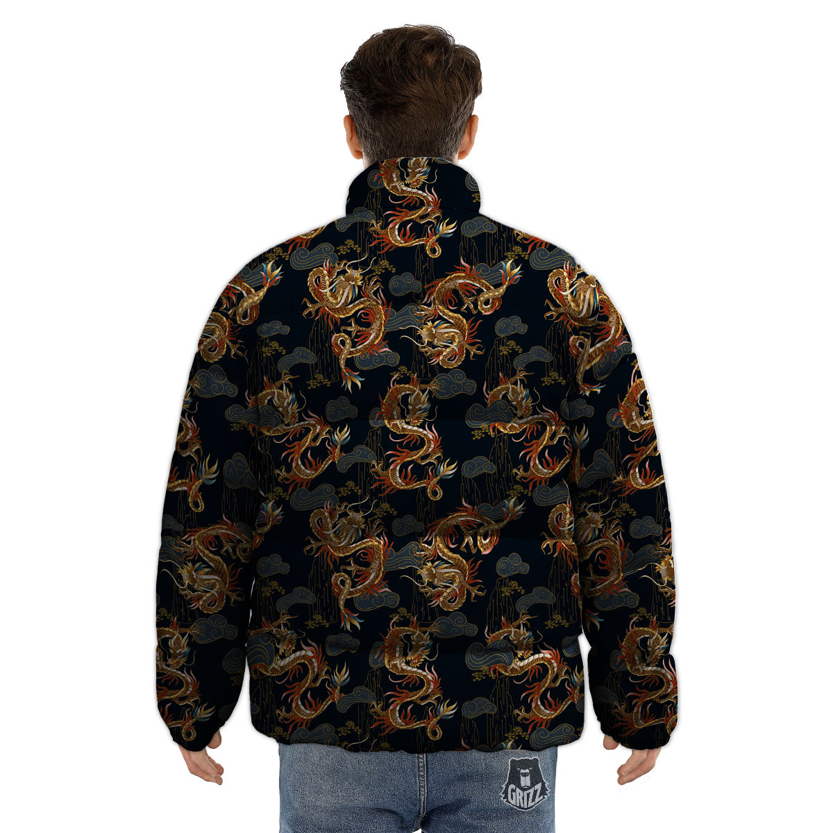 Gold Dragon Japanese Print Pattern Puffer Jacket-grizzshop