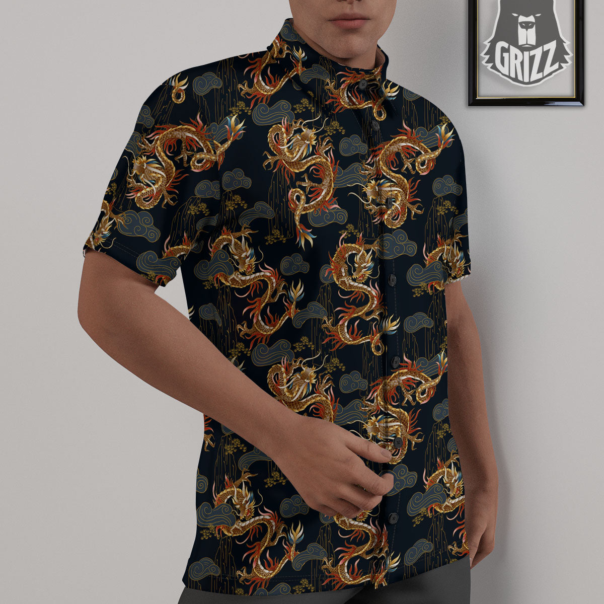 Gold Dragon Japanese Print Pattern Untucked Shirts-grizzshop