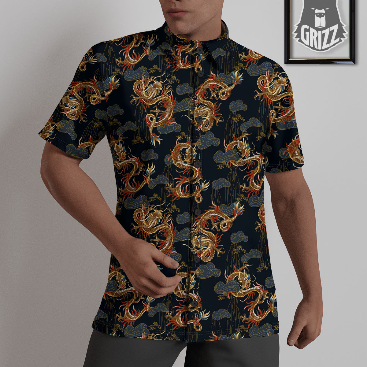 Gold Dragon Japanese Print Pattern Untucked Shirts-grizzshop