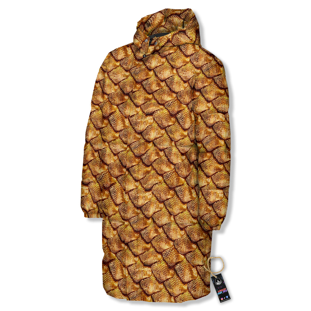 Gold Dragons Skin 3D Print Pattern Long Down Jacket-grizzshop