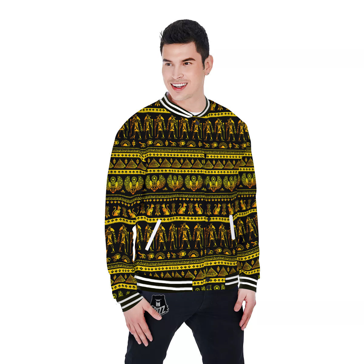 Gold Egypt Ethnic Print Baseball Jacket-grizzshop