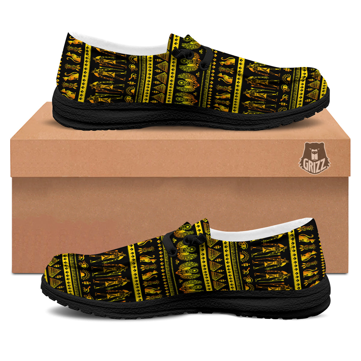 Gold Egypt Ethnic Print Black Loafers-grizzshop