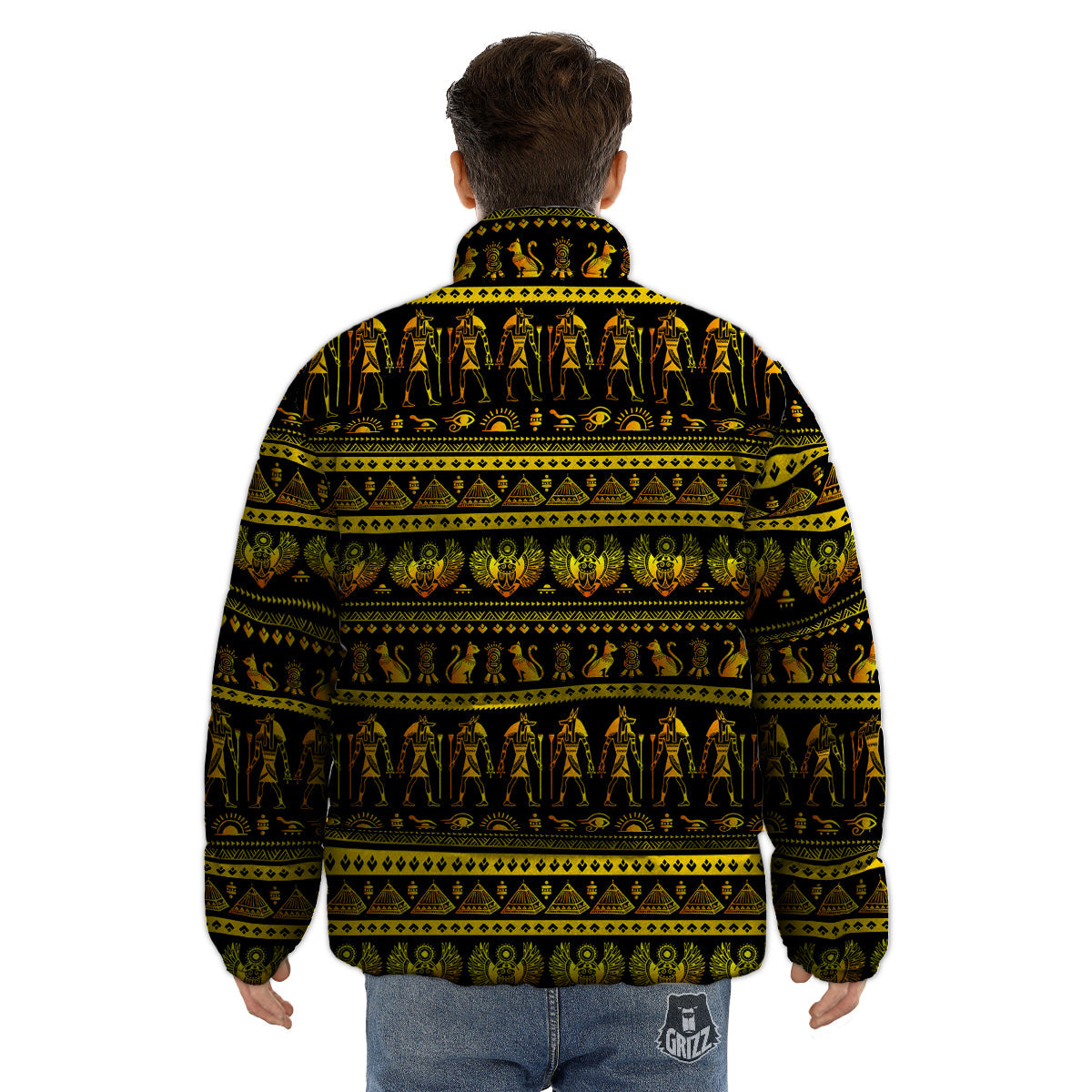 Gold Egypt Ethnic Print Puffer Jacket-grizzshop