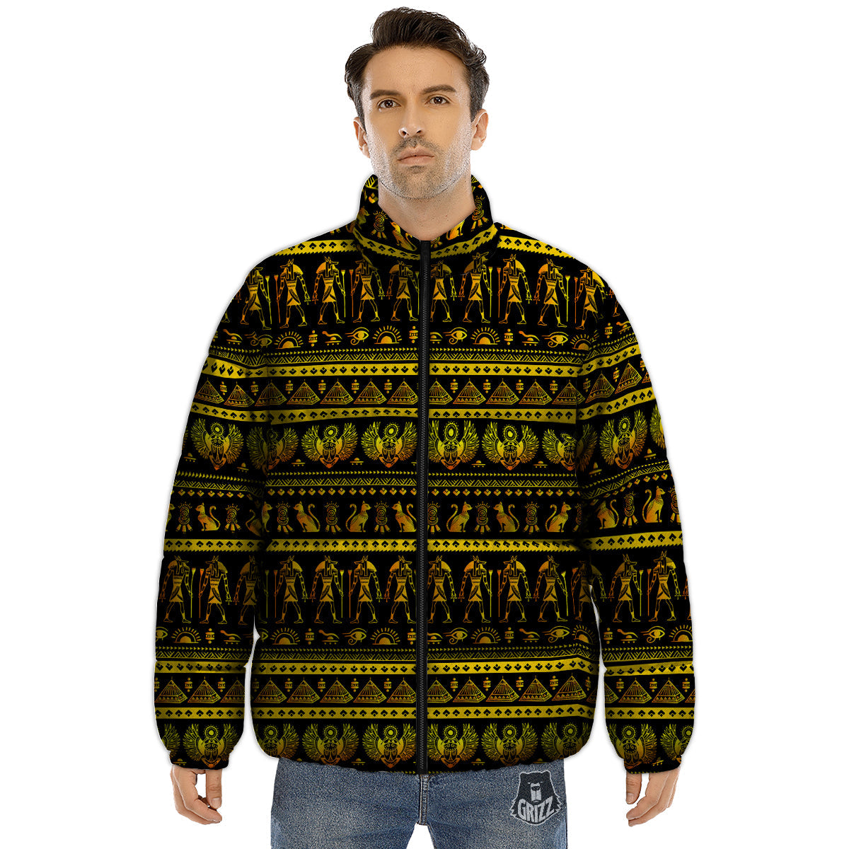 Gold Egypt Ethnic Print Puffer Jacket-grizzshop