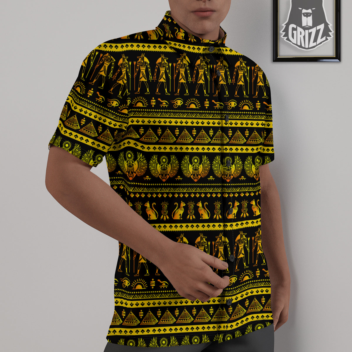 Gold Egypt Ethnic Print Untucked Shirts-grizzshop
