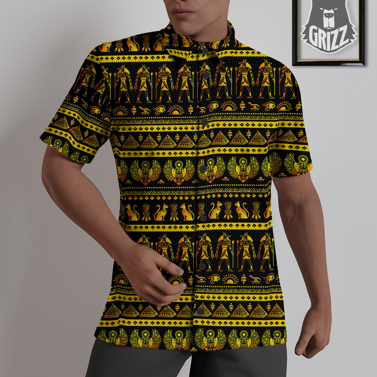 Gold Egypt Ethnic Print Untucked Shirts-grizzshop