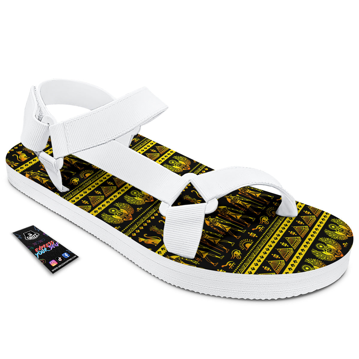 Gold Egypt Ethnic Print White Open Toe Sandals-grizzshop