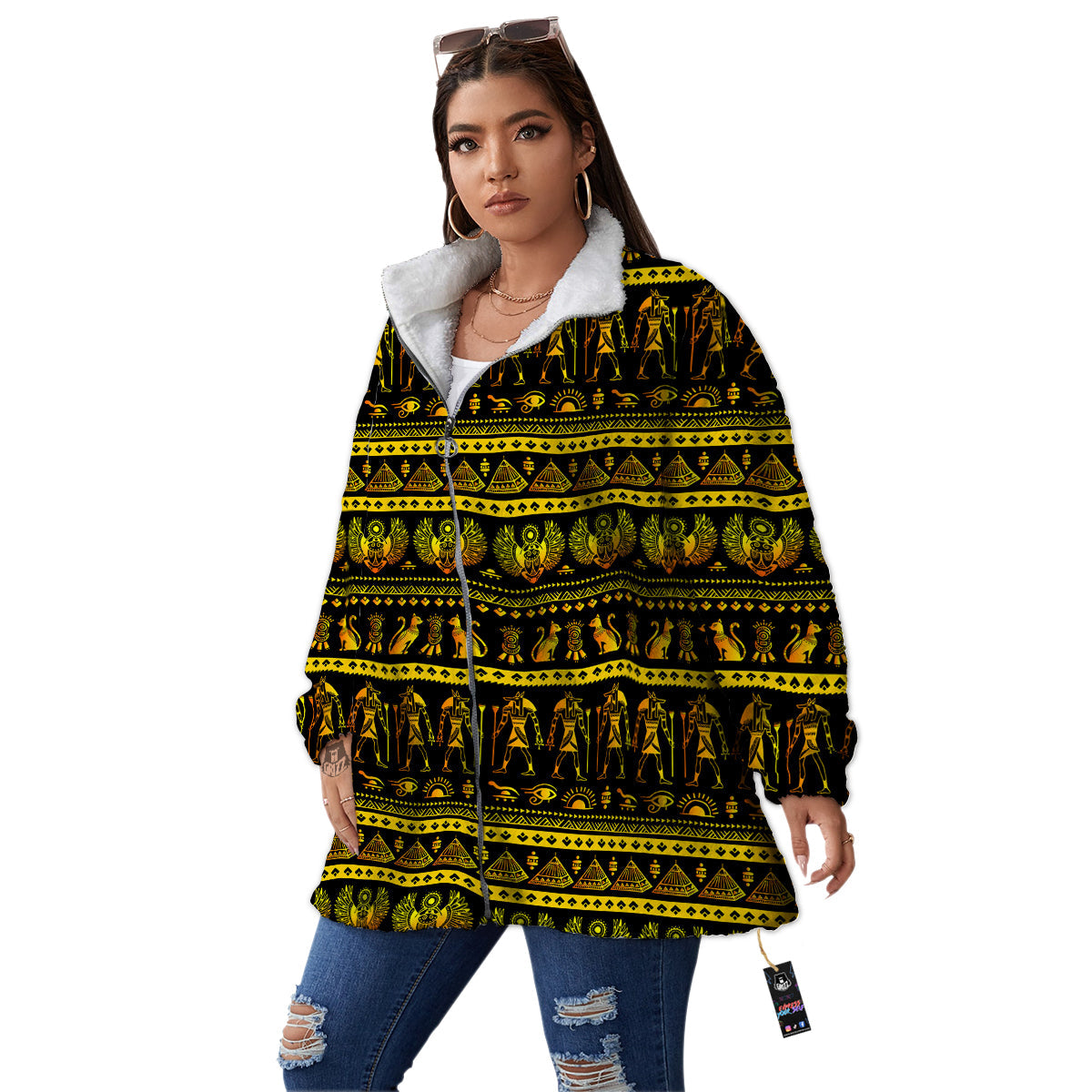 Gold Egypt Ethnic Print Women's Sherpa Jacket-grizzshop