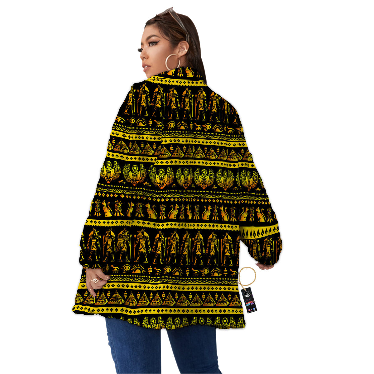 Gold Egypt Ethnic Print Women's Sherpa Jacket-grizzshop