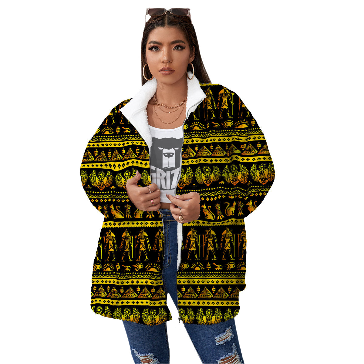 Gold Egypt Ethnic Print Women's Sherpa Jacket-grizzshop