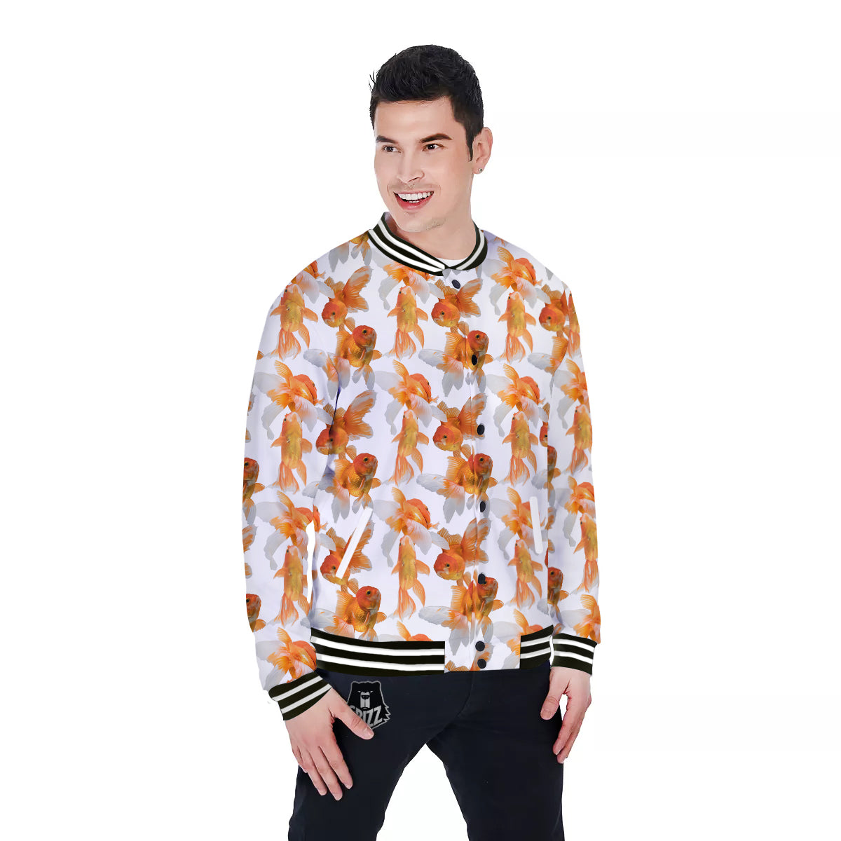 Gold Fish And White Print Pattern Baseball Jacket-grizzshop