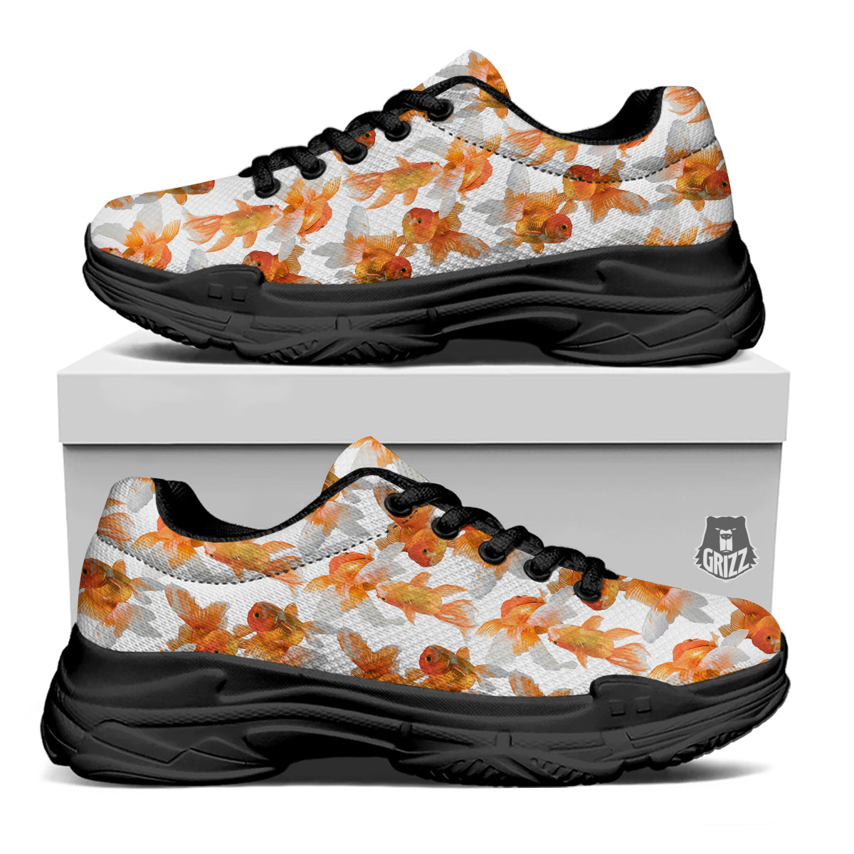 Gold Fish And White Print Pattern Black Chunky Shoes-grizzshop