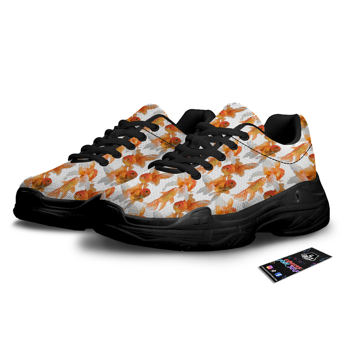 Gold Fish And White Print Pattern Black Chunky Shoes-grizzshop