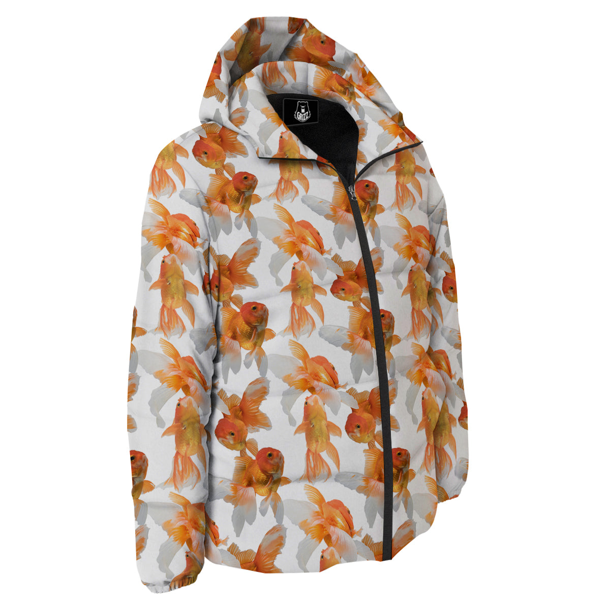 Gold Fish And White Print Pattern Down Jacket-grizzshop