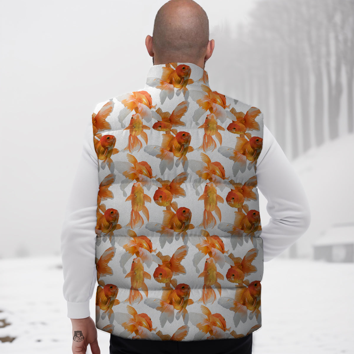 Gold Fish And White Print Pattern Down Vest