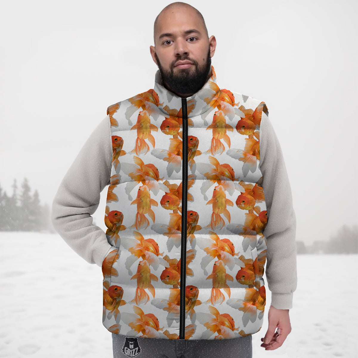 Gold Fish And White Print Pattern Down Vest
