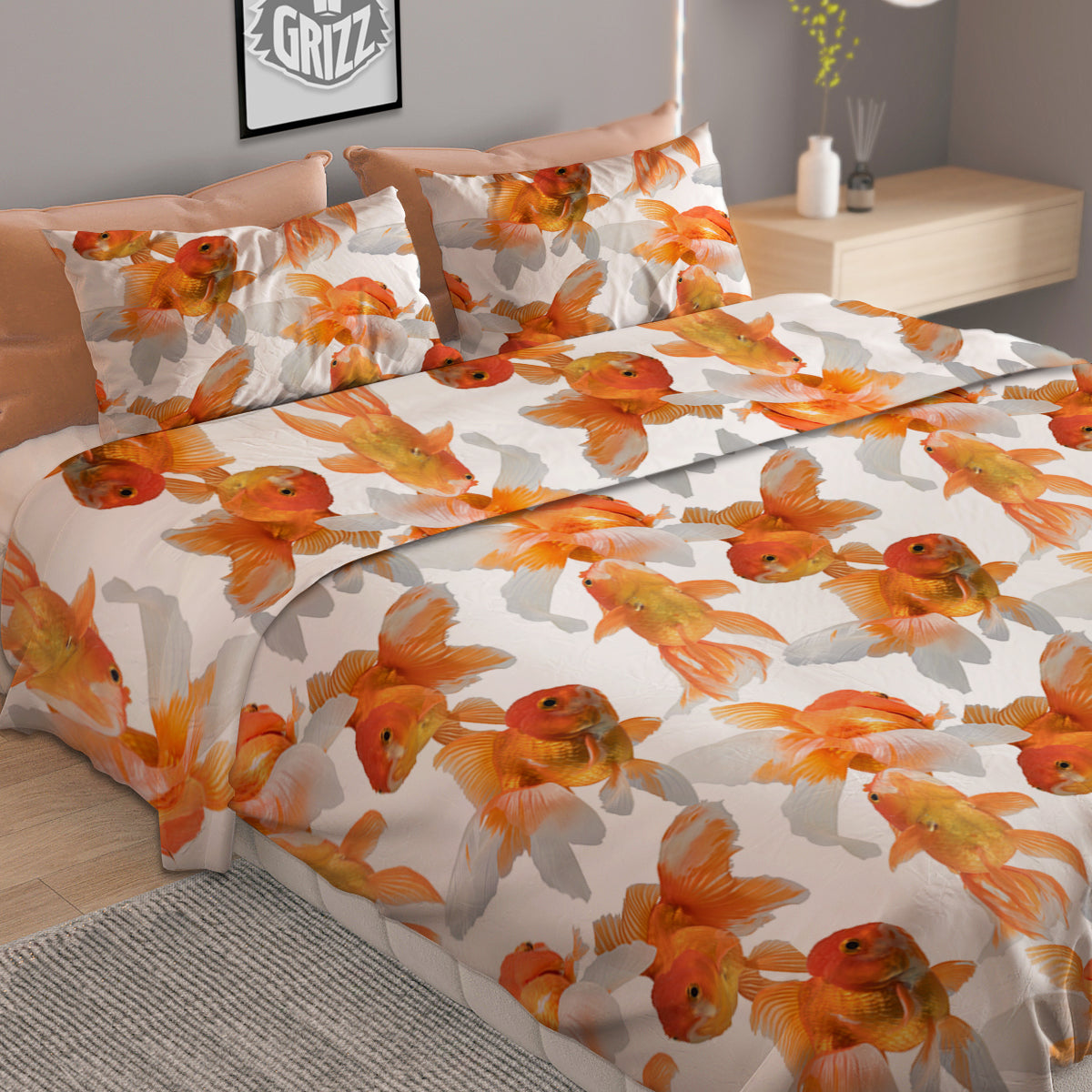 Gold Fish And White Print Pattern Duvet Cover Bedding Set