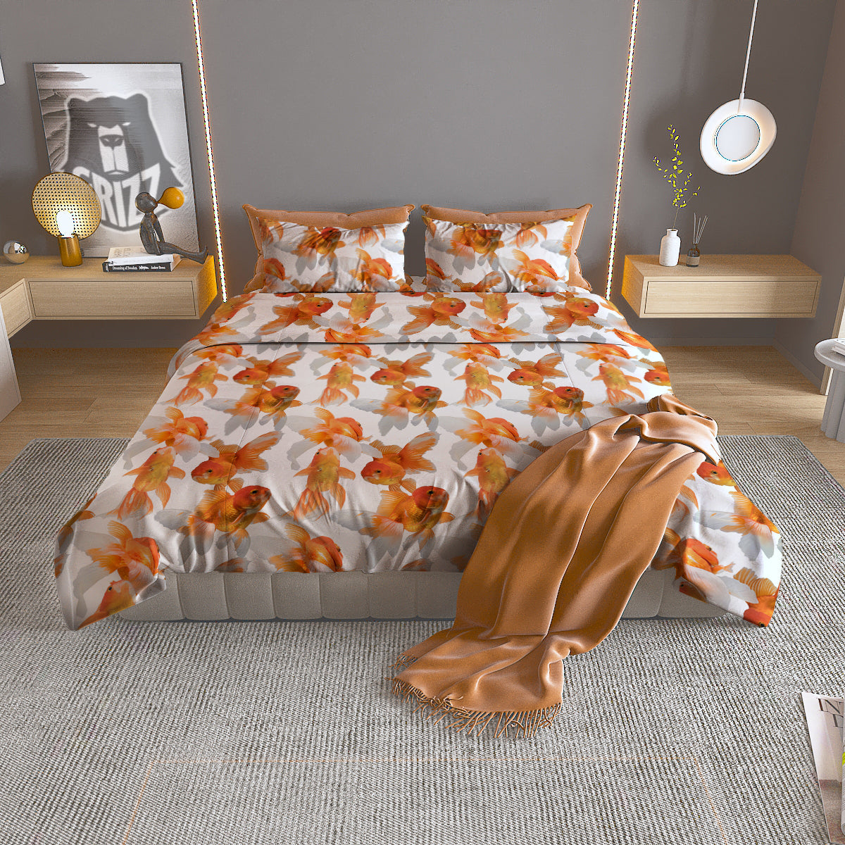 Gold Fish And White Print Pattern Duvet Cover Bedding Set