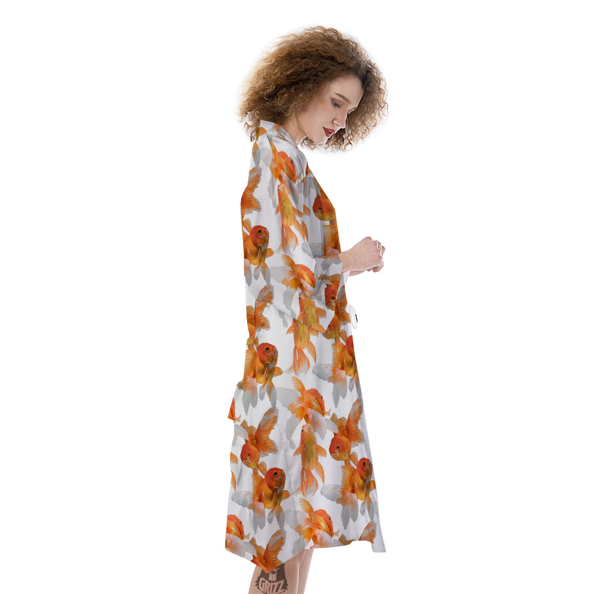 Gold Fish And White Print Pattern Kimono-grizzshop