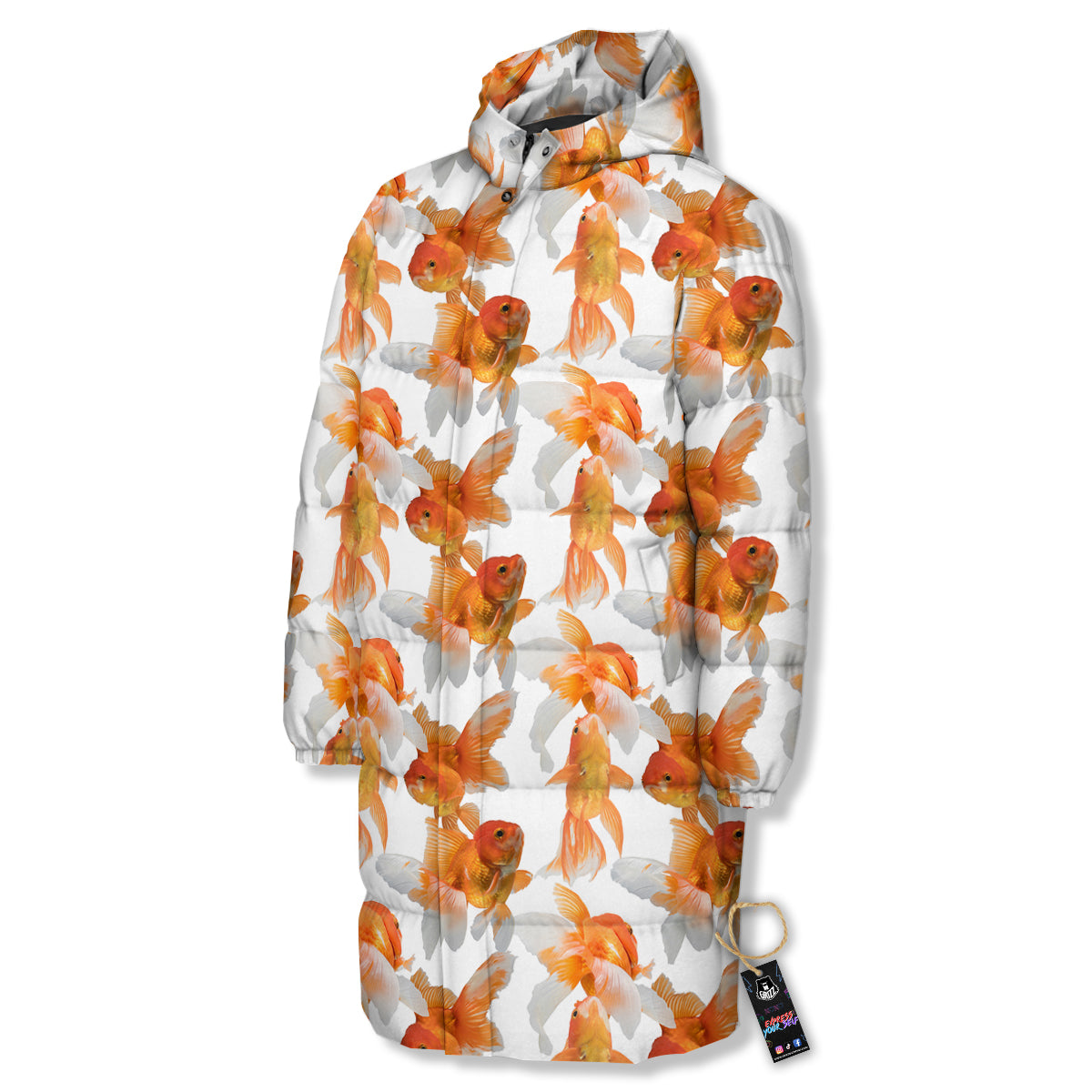 Gold Fish And White Print Pattern Long Down Jacket-grizzshop