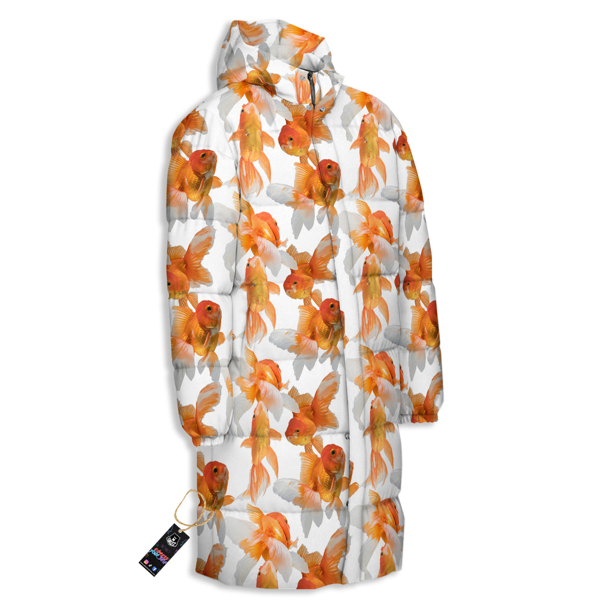 Gold Fish And White Print Pattern Long Down Jacket-grizzshop