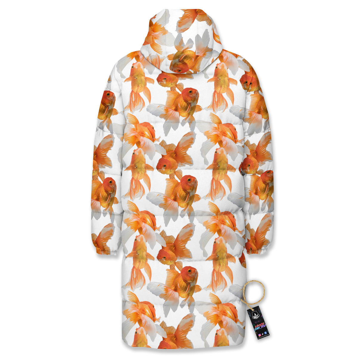 Gold Fish And White Print Pattern Long Down Jacket-grizzshop