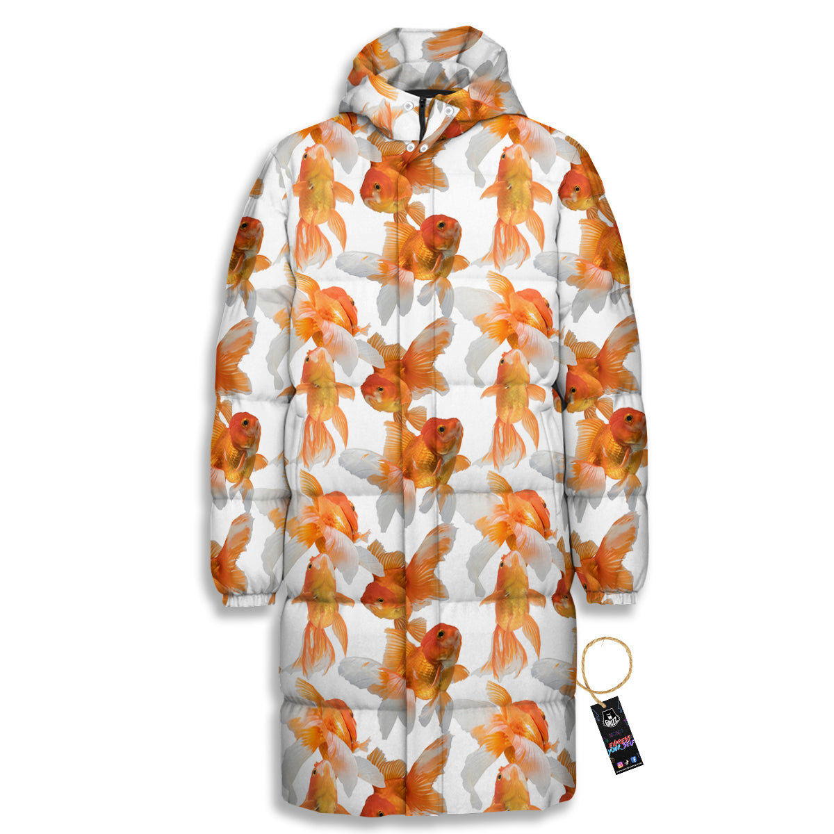 Gold Fish And White Print Pattern Long Down Jacket-grizzshop