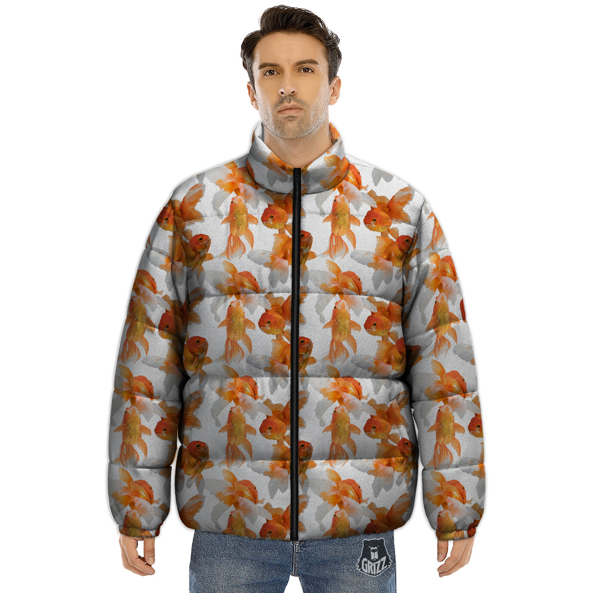 Gold Fish And White Print Pattern Puffer Jacket-grizzshop