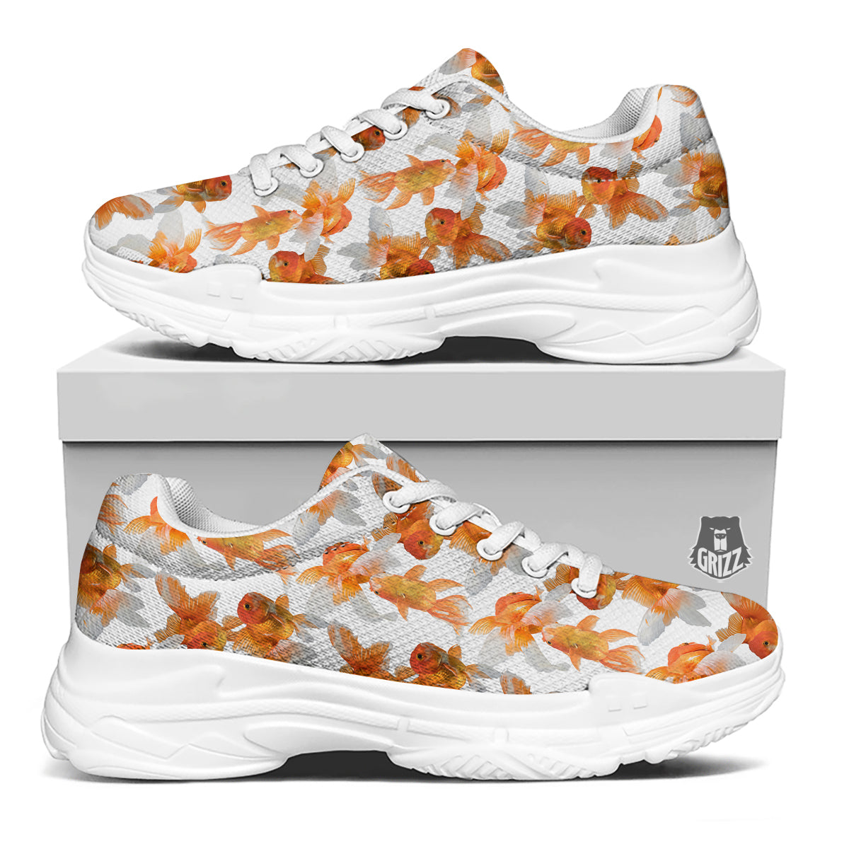 Gold Fish And White Print Pattern White Chunky Shoes-grizzshop