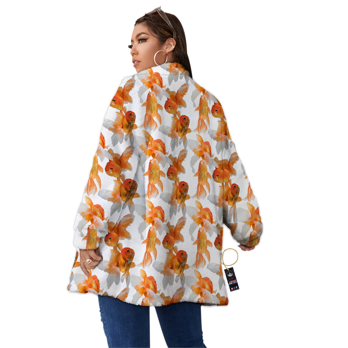 Gold Fish And White Print Pattern Women's Sherpa Jacket-grizzshop