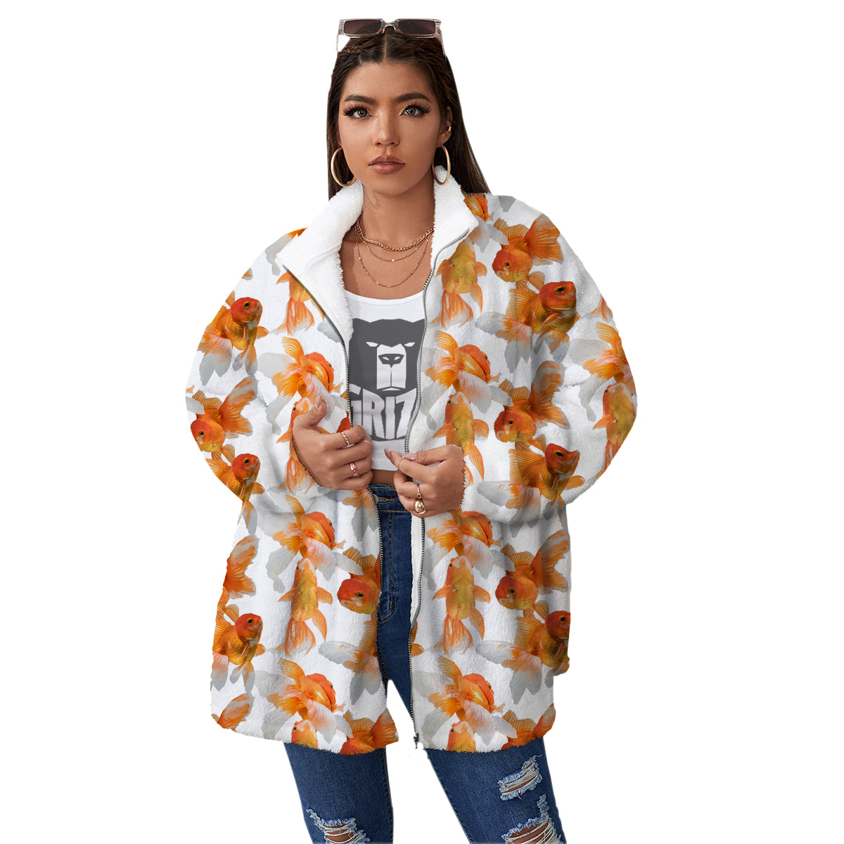 Gold Fish And White Print Pattern Women's Sherpa Jacket-grizzshop