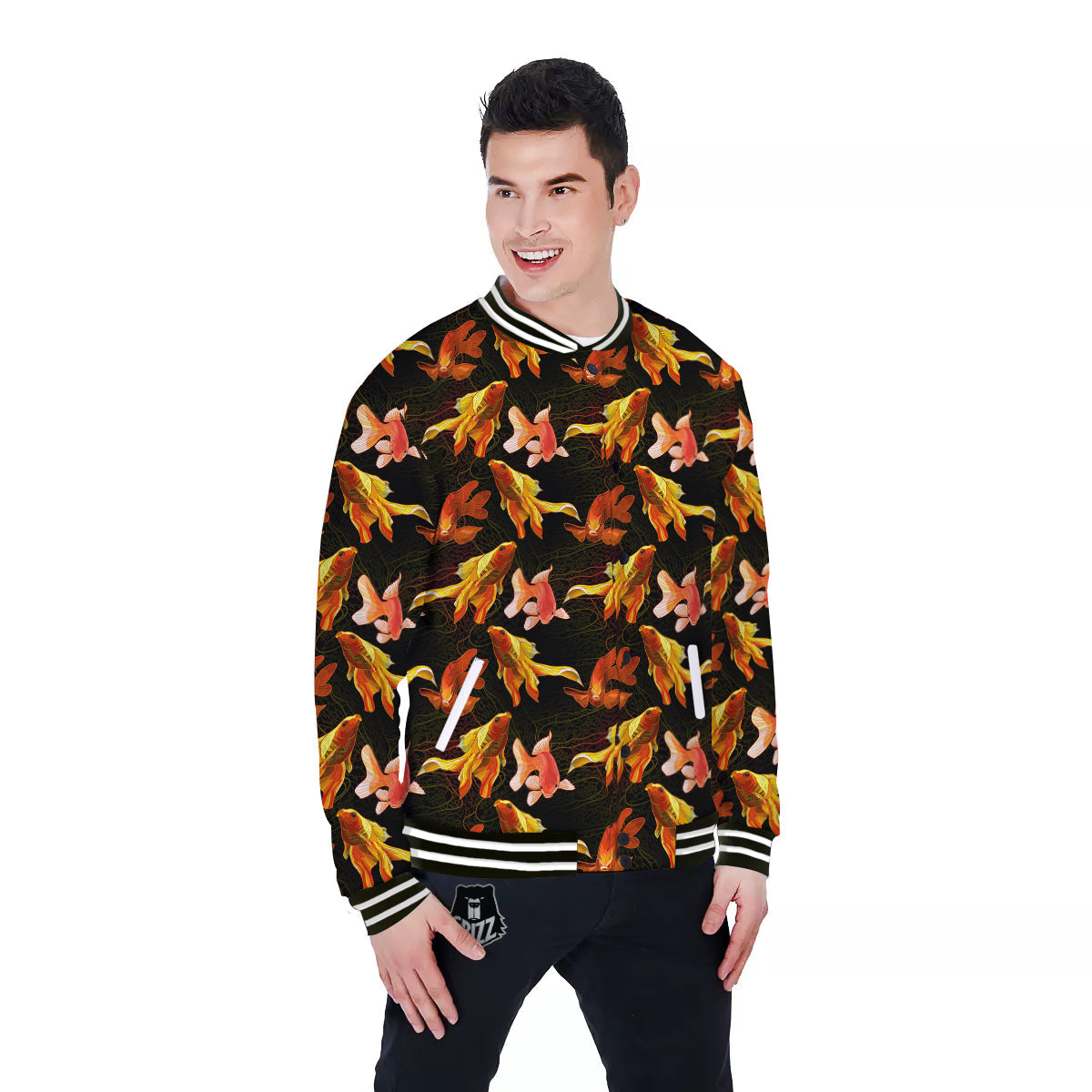 Gold Fish Drawing Print Pattern Baseball Jacket-grizzshop
