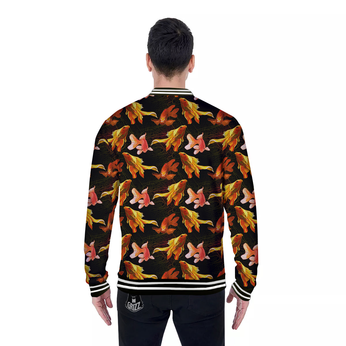 Gold Fish Drawing Print Pattern Baseball Jacket-grizzshop