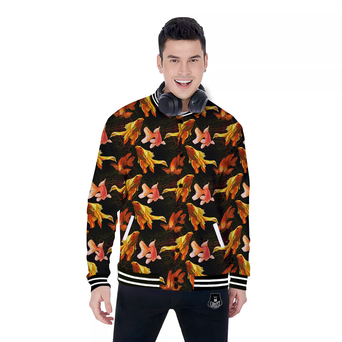 Gold Fish Drawing Print Pattern Baseball Jacket-grizzshop