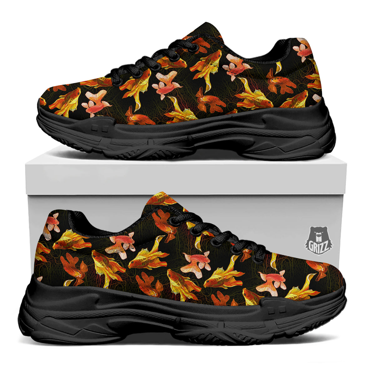 Gold Fish Drawing Print Pattern Black Chunky Shoes-grizzshop