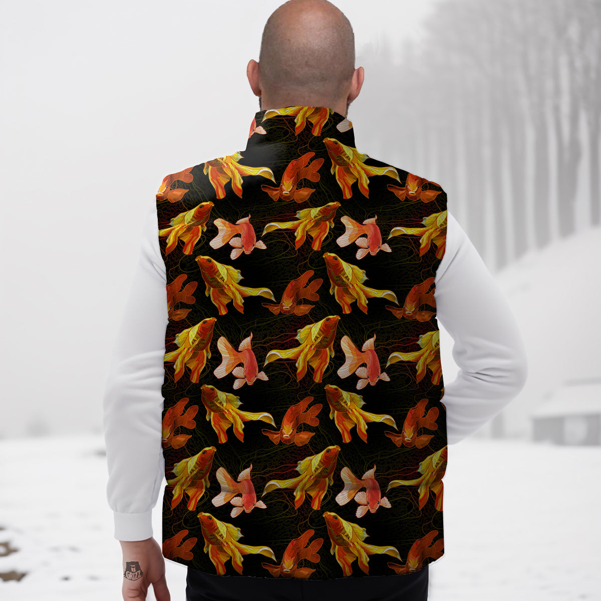 Gold Fish Drawing Print Pattern Down Vest