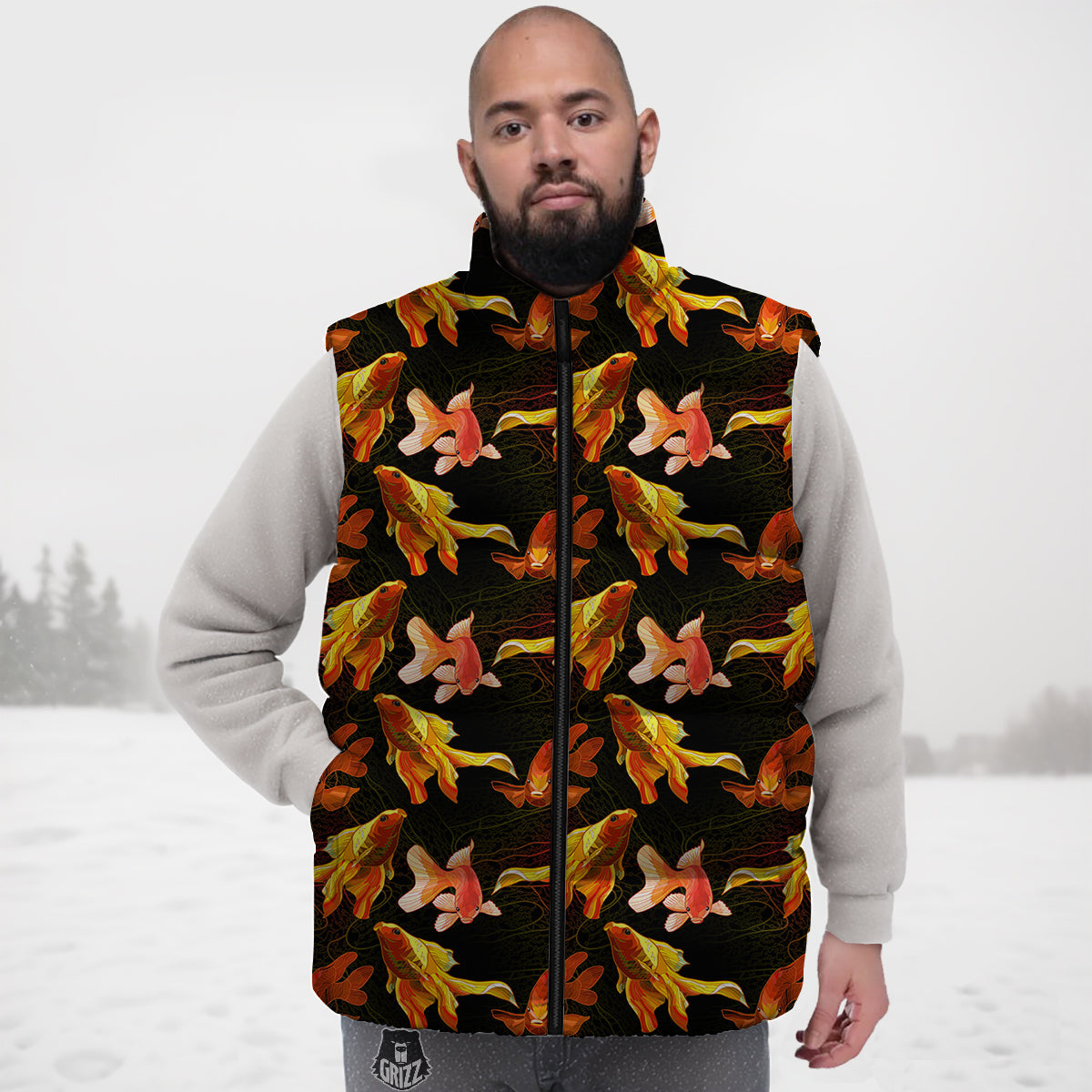 Gold Fish Drawing Print Pattern Down Vest