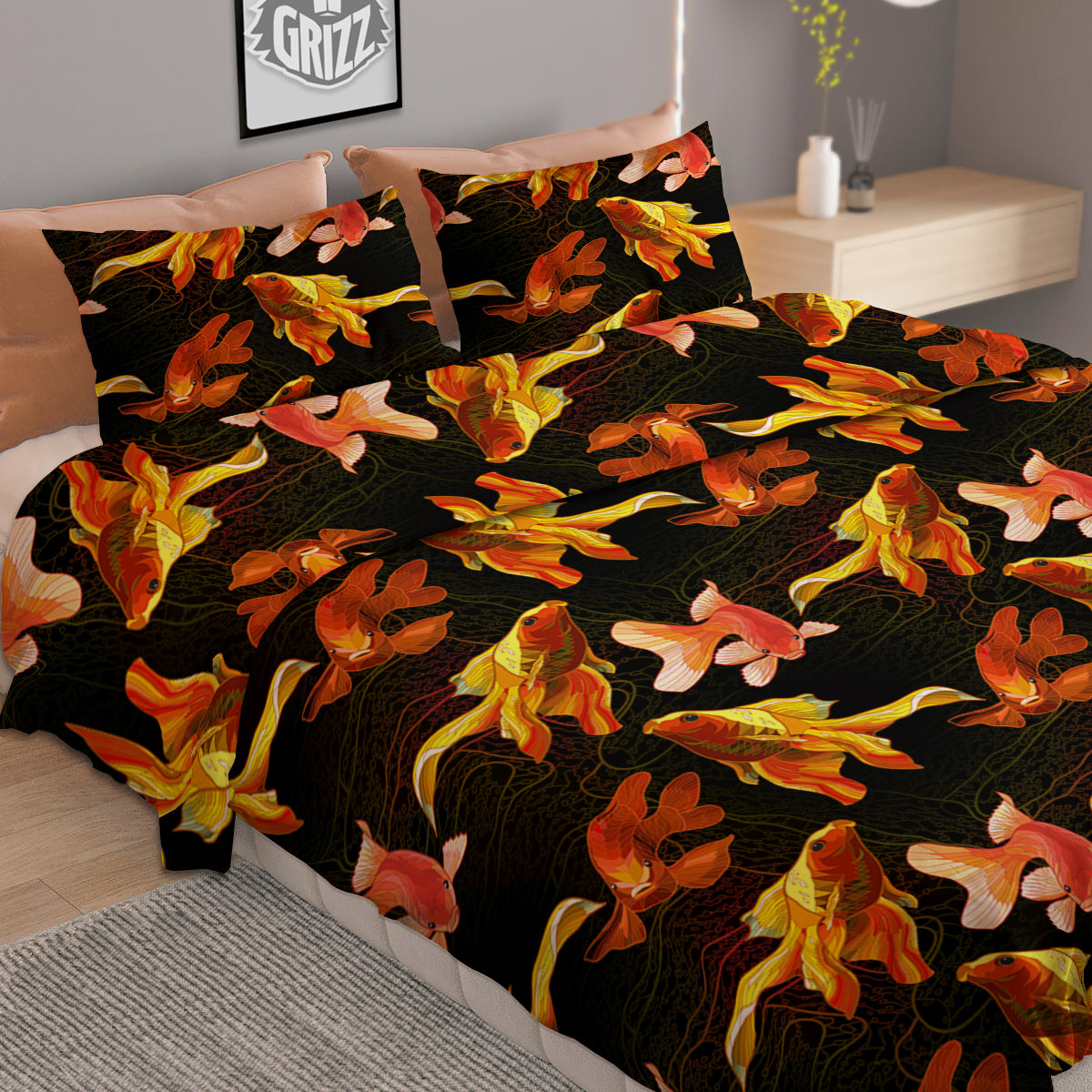 Gold Fish Drawing Print Pattern Duvet Cover Bedding Set