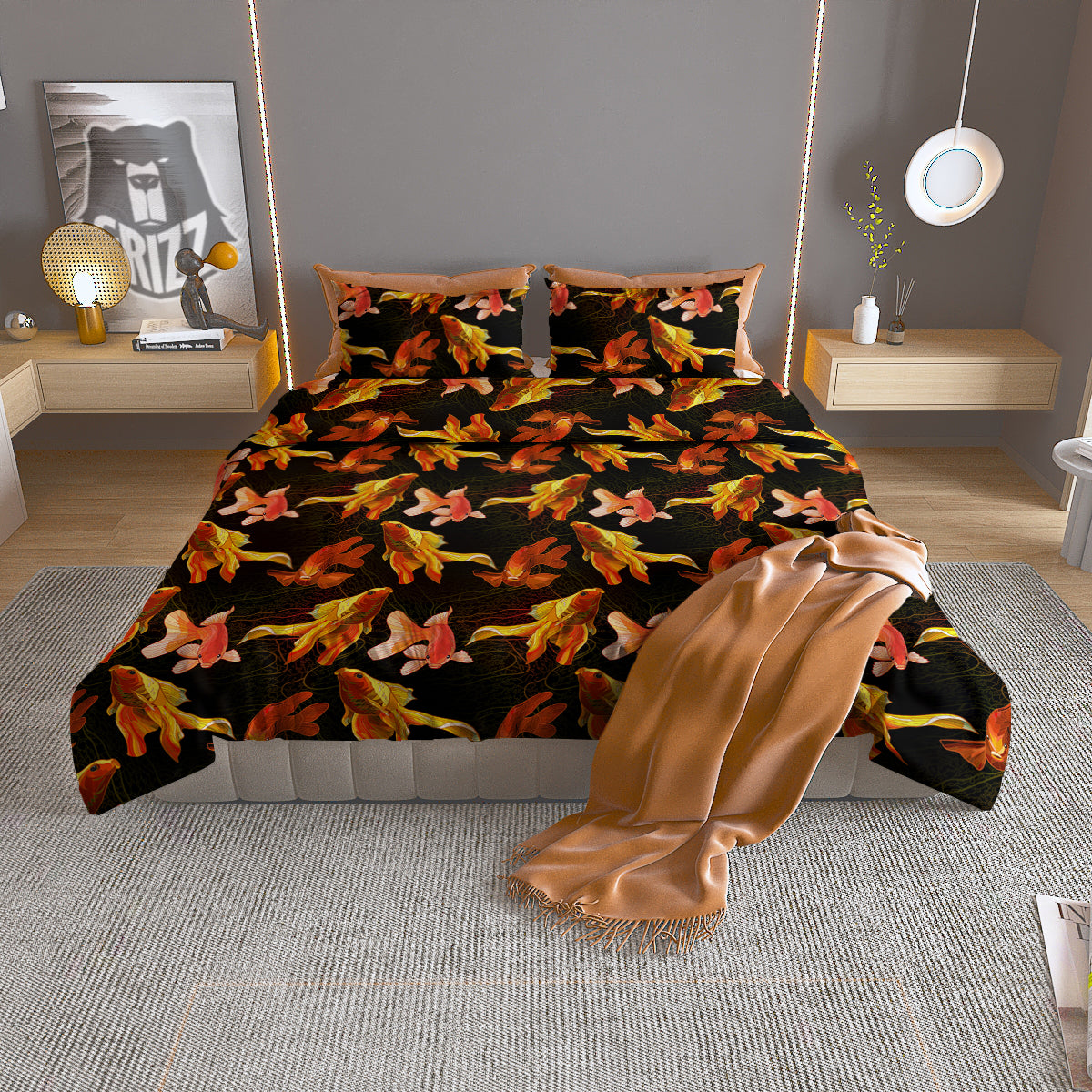 Gold Fish Drawing Print Pattern Duvet Cover Bedding Set