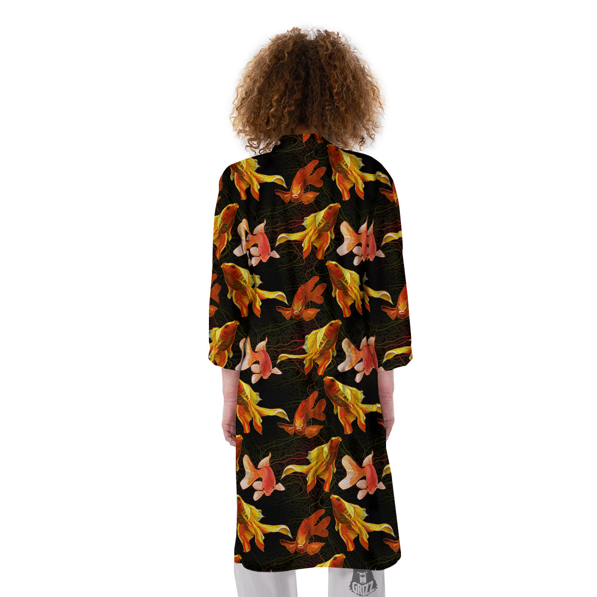 Gold Fish Drawing Print Pattern Kimono-grizzshop