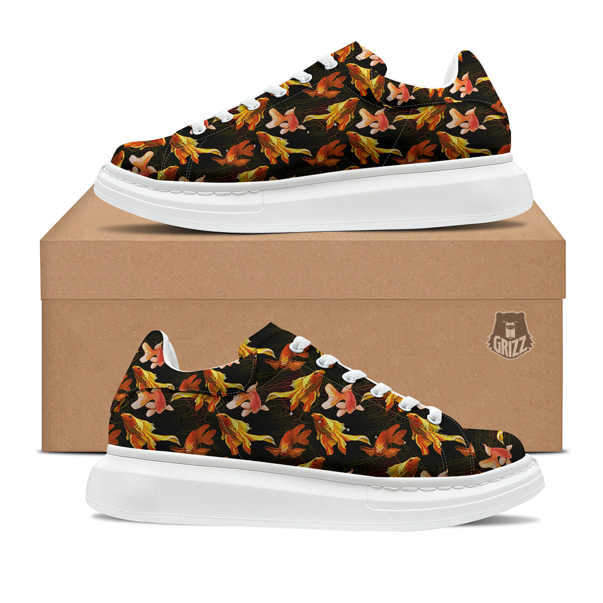 Gold Fish Drawing Print Pattern Platform Shoes-grizzshop