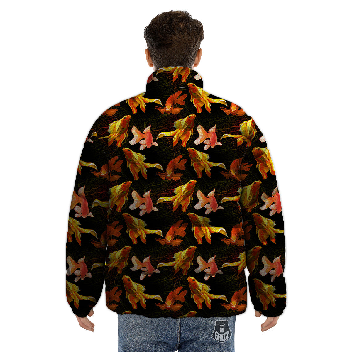 Gold Fish Drawing Print Pattern Puffer Jacket-grizzshop