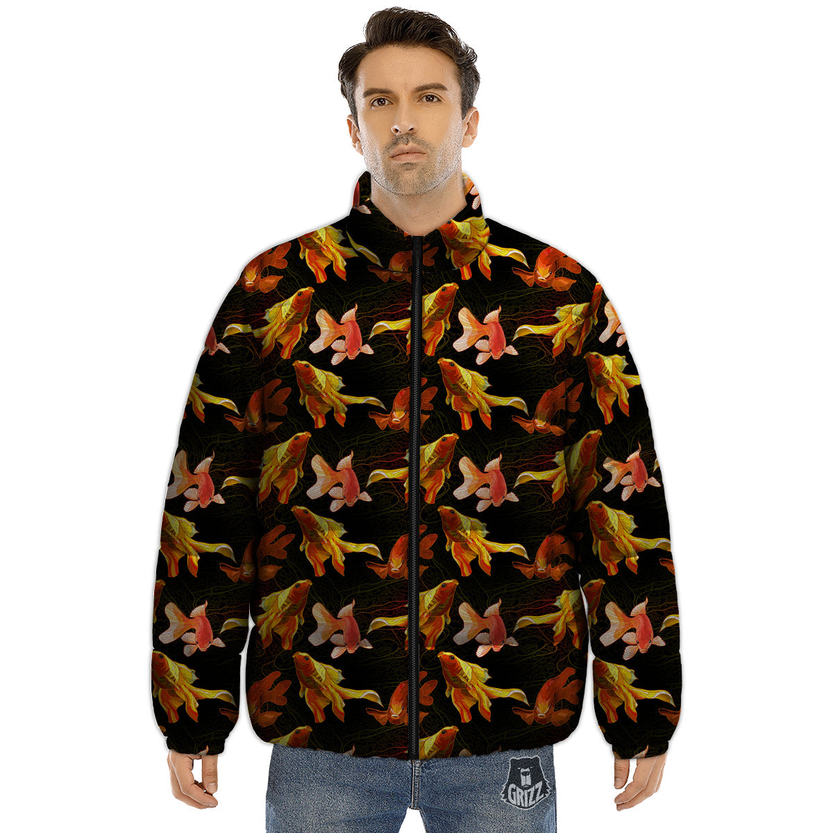 Gold Fish Drawing Print Pattern Puffer Jacket-grizzshop