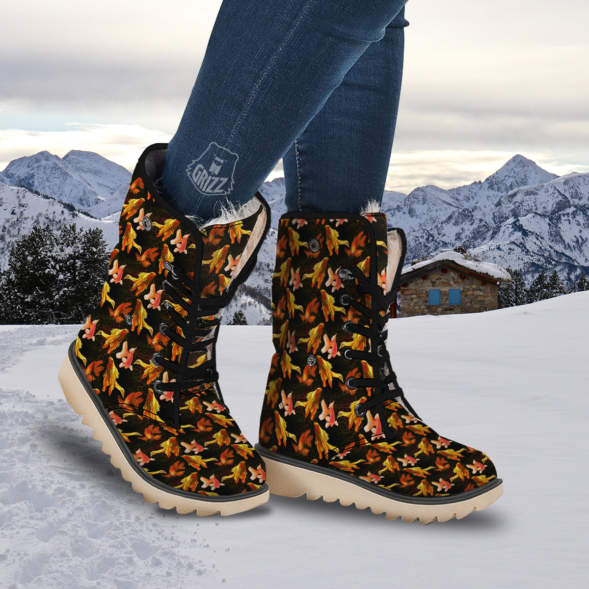 Gold Fish Drawing Print Pattern Snow Boots-grizzshop