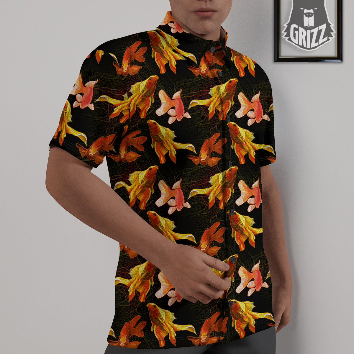 Gold Fish Drawing Print Pattern Untucked Shirts-grizzshop