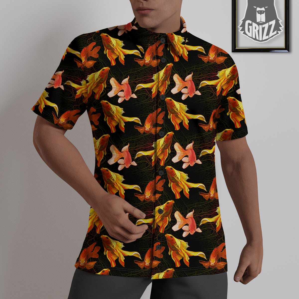 Gold Fish Drawing Print Pattern Untucked Shirts-grizzshop