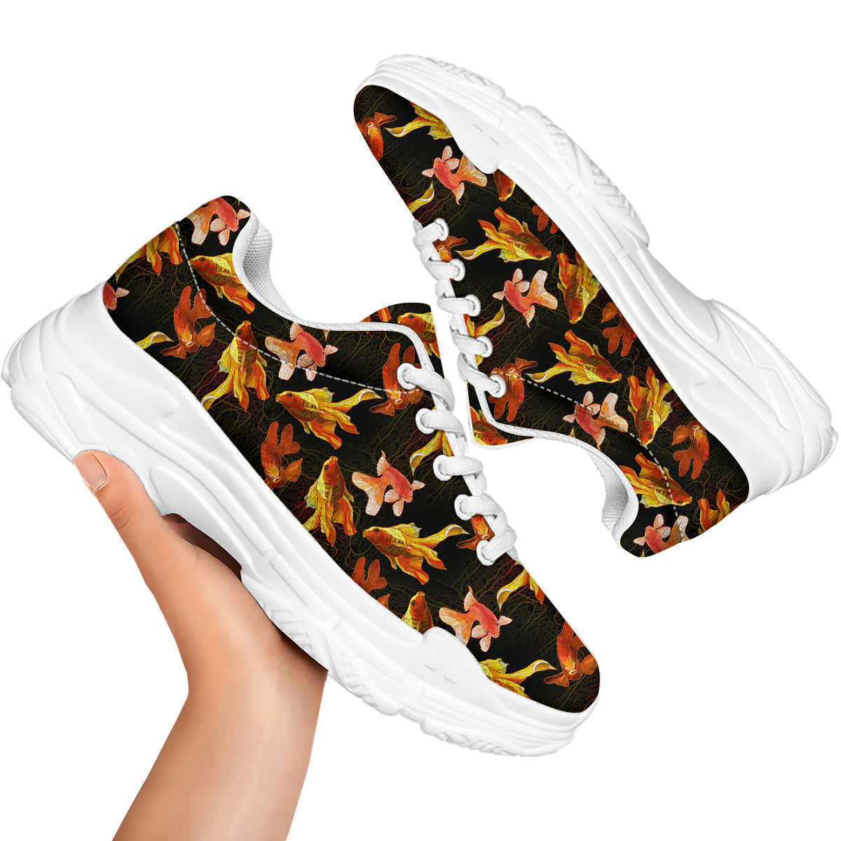 Gold Fish Drawing Print Pattern White Chunky Shoes-grizzshop